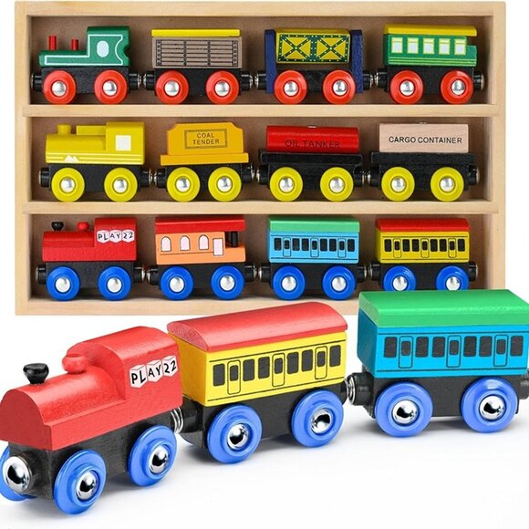 NEW Set 12 PCS Wooden Train - Train Toys Magnetic Set Includes 3 Engines - Picture 1 of 7